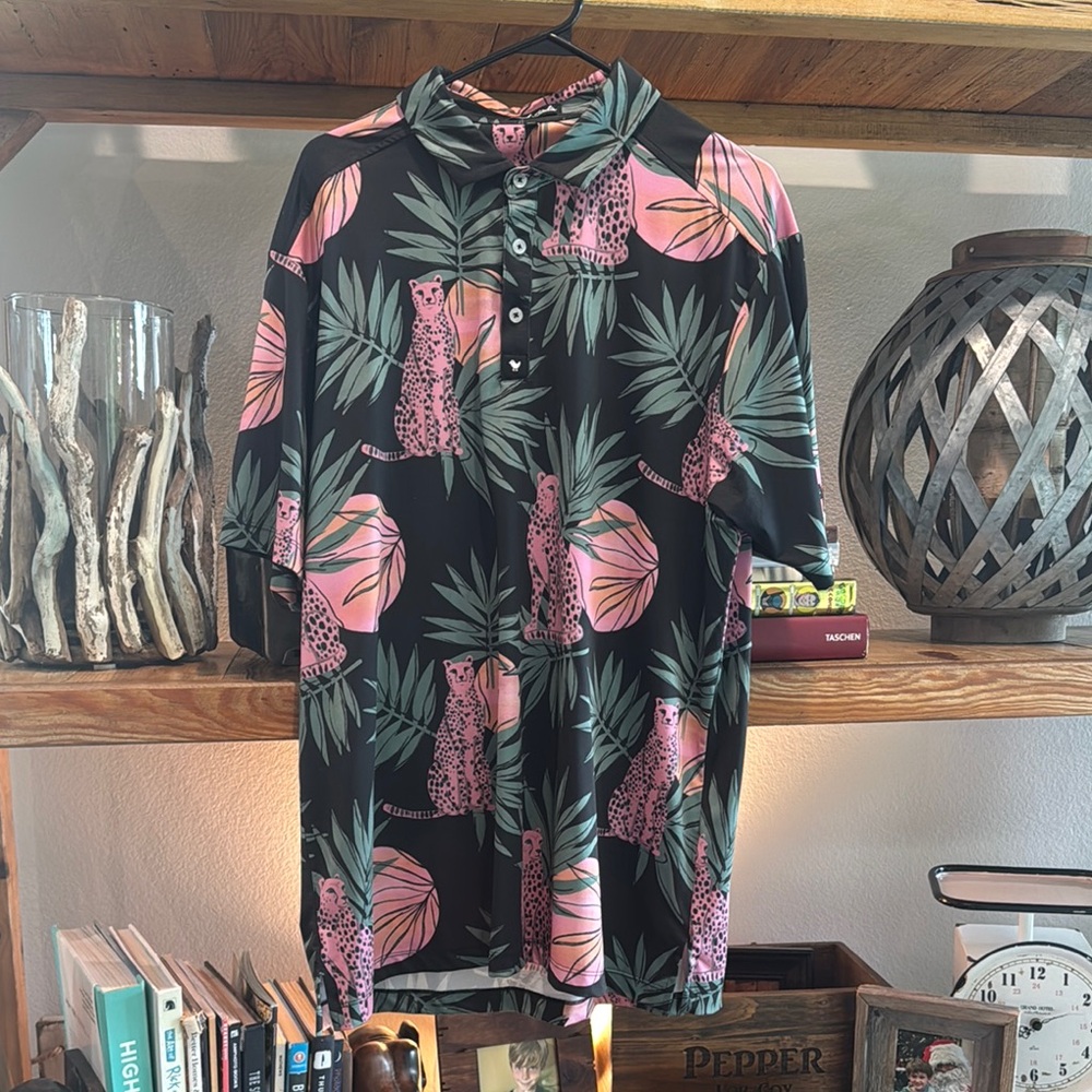 Bad Birdie Tropical Cheetah Print Polo Shirt